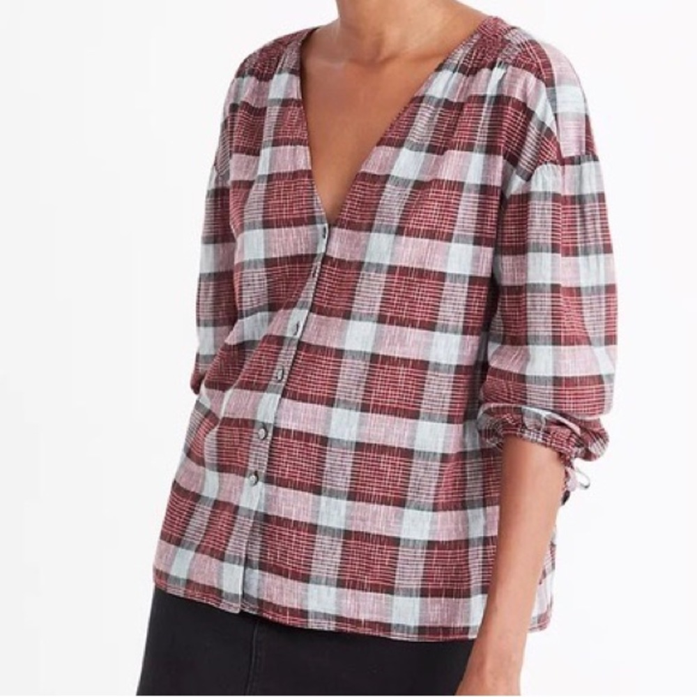 Madewell Morning View Plaid Tie Sleeve Shirt Top Size Medium